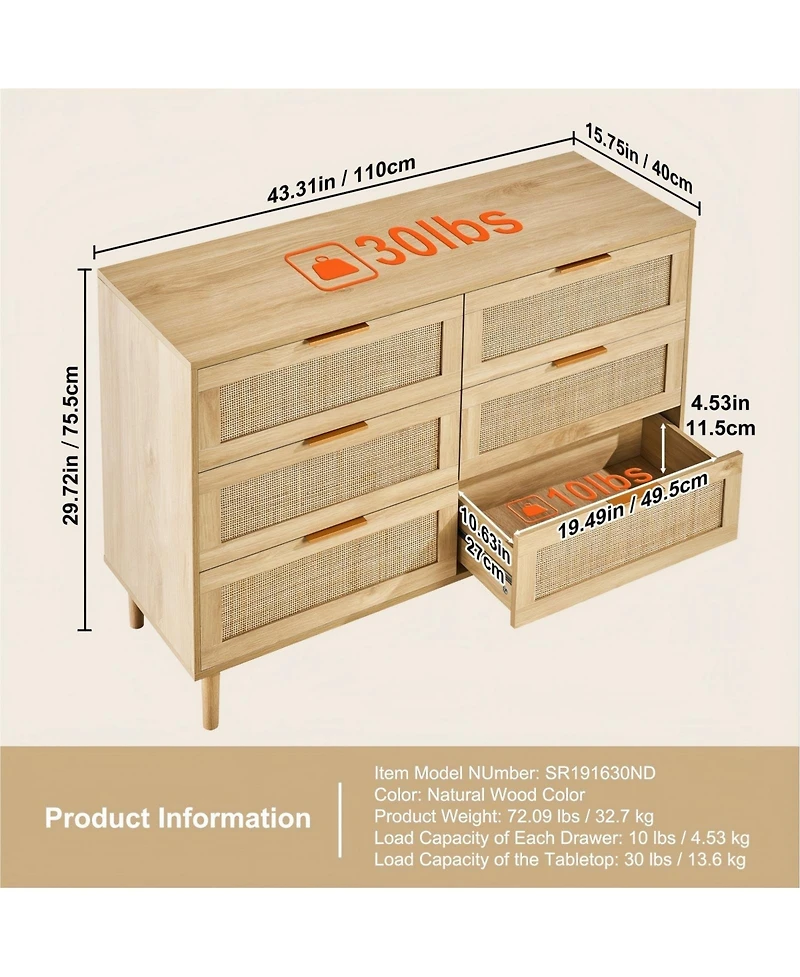 Gouun 6 Drawer Rattan Dresser with Spacious Storage for Bedroom and Hallway