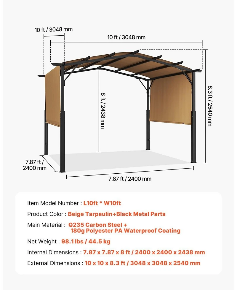 Mecale 10 x 10 Ft Outdoor Metal Pergola with Retractable Canopy