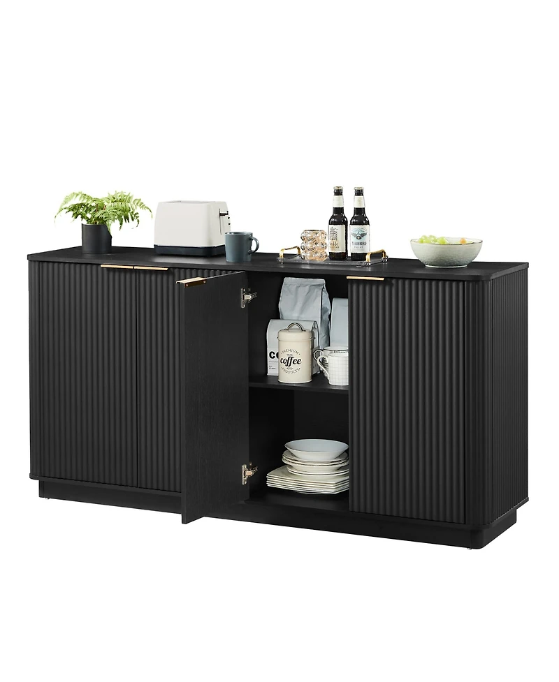 Rainsken Vertical Stripe Sideboard Buffet Cabinet, Modern 4-Door Storage Cabinet with Gold Handles, Curved Wave Design for Living Room
