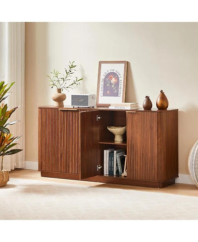 Rainsken Modern Vertical Stripe Buffet Cabinet, 4-Door Storage Sideboard with Curved Wave Detail and Gold Handles for Living Room