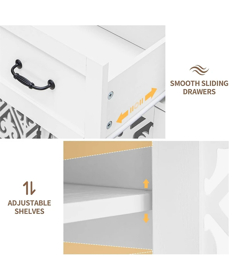 Rainsken Retro Storage Sideboard with Hand-Carved Openwork Doors, 2 Drawers and Metal Handles