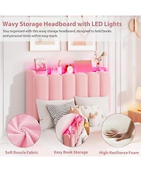 gaomon Led Bed Frame with Storage Headboard, Boucle Upholstered Platform for Girls, 2 Drawers and Bookcase