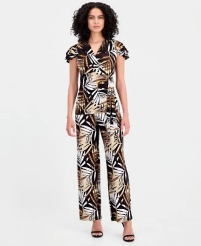 Anne Klein Womens Leo Palm Print Flutter Sleeve Wrap Top Palm Print Pull On Wide Leg Pants
