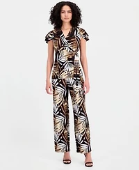 Anne Klein Womens Leo Palm Print Flutter Sleeve Wrap Top Palm Print Pull On Wide Leg Pants