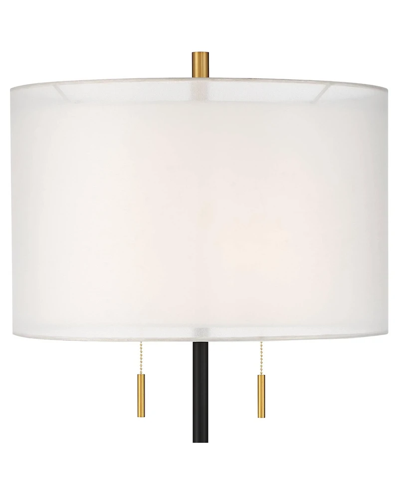 Possini Euro Design Roxie Modern Floor Lamp with Riser 65 1/2" Tall Brass Metal Sheer Linen Double Drum Shade for Living Room Bedroom Office