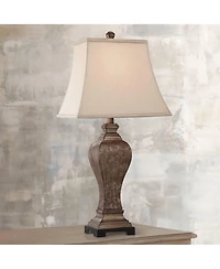 Regency Hill Edgar Traditional Table Lamp 29" Tall Bronze with Usb Cord Dimmer Geneva Taupe Rectangular Shade for Bedroom Living Room Bedside Off