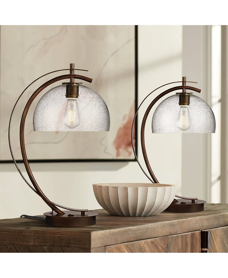 Possini Euro Design Modern Desk Lamps Set of 2 with Usb Port 22 1/2" High Bronze Led Clear Seeded Glass Shade for Bedroom Office