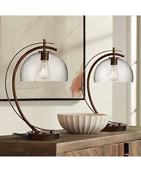 Possini Euro Design Modern Desk Lamps Set of 2 with Usb Port 22 1/2" High Bronze Led Clear Seeded Glass Shade for Bedroom Office