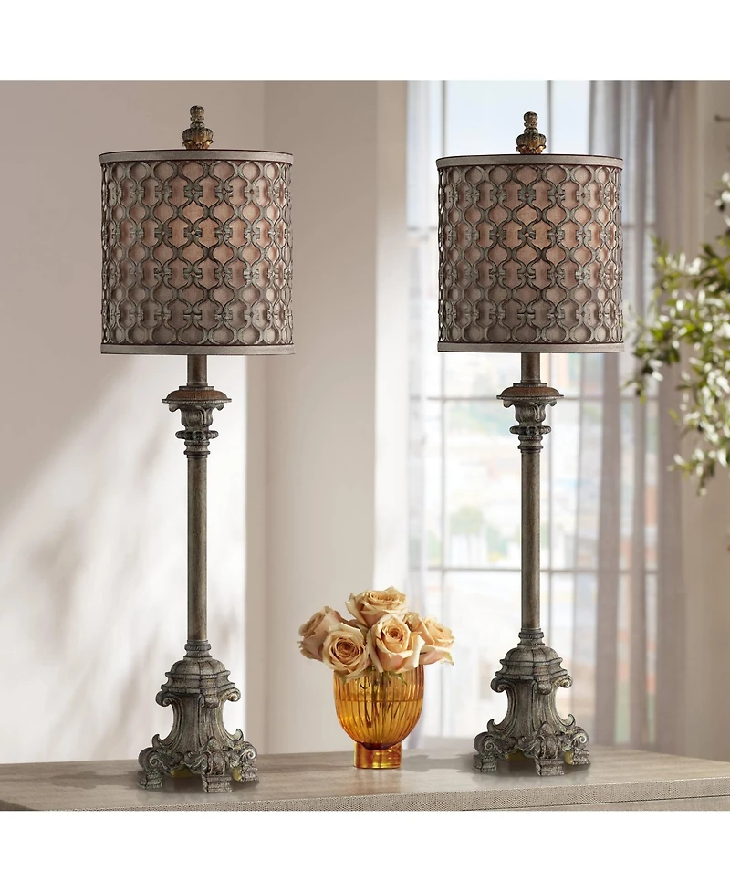 Regency Hill Vichelis 34" Tall Skinny Candlestick Buffet Traditional End Table Lamps Set of 2 Metal Living Room Bedroom