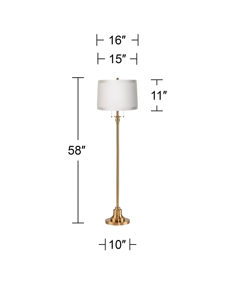 360 Lighting Dyna Traditional 58" Tall Standing Floor Lamp Pole Pull Chain Gold Antique Brass Finish Drum White Ribbon Shade