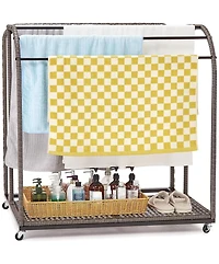 gaomon Outdoor Pool Towel Rack with 5 Bars, Durable Pe Rattan and Steel, Trapezoid Design, Caster Wheels, Versatile Storage