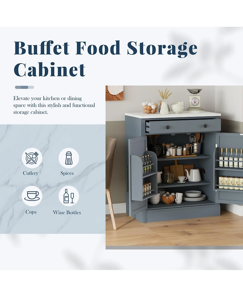 Rainsken Modern Storage Cabinet, Multi-Use Kitchen Pantry and Coffee Bar with Drawer, 2 Adjustable Shelves and 2 Door Shelves for Dining Room