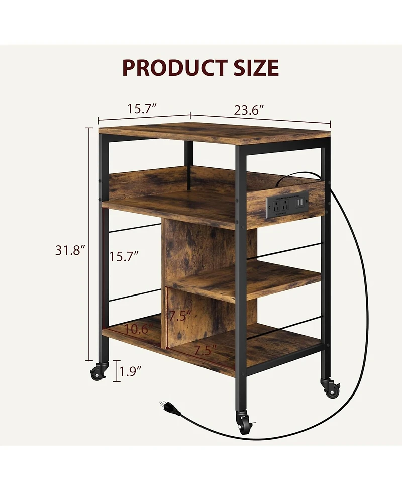 gaomon 3-Tier Mobile Printer Stand with Charging Station, Usb Ports, Storage Shelf, Under Desk Cart with Wheels for Living Room/Kitchen