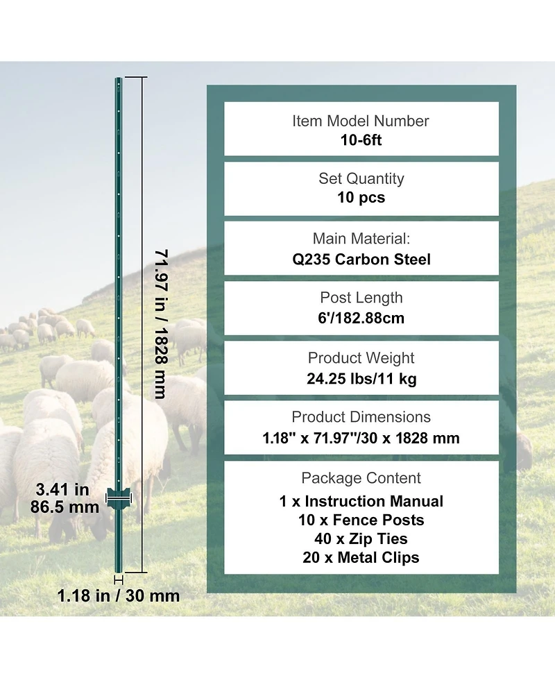 Sugift Fence Post, 10 Pack, U-Channel Heavy Duty Steel, for Garden and Lawn Use
