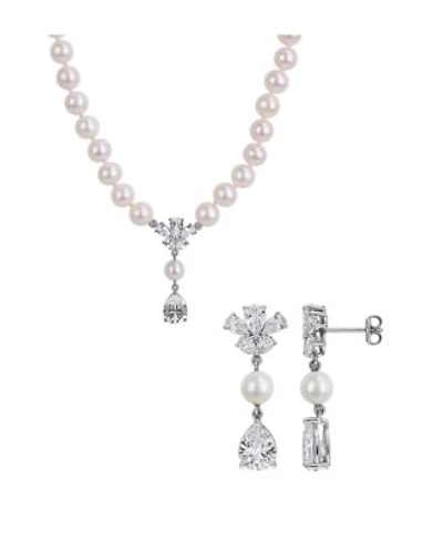 Macys Cultured Freshwater Pearl Created White Sapphire Drop Earrings Necklace In Sterling Silver Collection