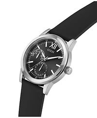 Guess Men's Silver-Tone Stainles Steel Black Silicone Multi-Function Watch, 42mm