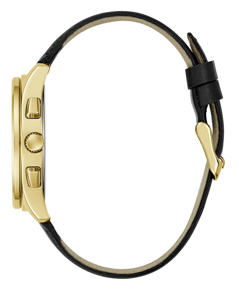Guess Men's Gold-Tone Stainles Steel Black Leather Multi-Function Watch, 40mm