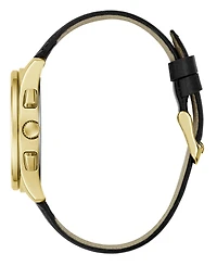 Guess Men's Gold-Tone Stainles Steel Black Leather Multi-Function Watch, 40mm
