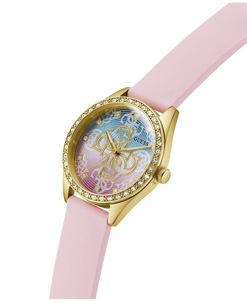 Guess Women's Glitz Gold-Tone Stainless Steel Pink Silicone Watch, 34mm
