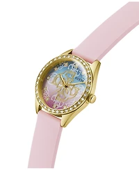Guess Women's Glitz Gold-Tone Stainless Steel Pink Silicone Watch, 34mm