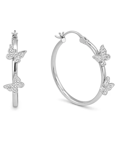 And Now This Hoop Earring with Clear Crystal Butterflies Silver Plate or Gold