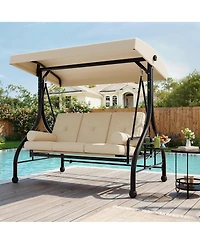 Homfan 3-seat porch swing with stand, adjustable canopy, 800 lb capacity, cup holder tray, cushions and pillows for outdoor patios.
