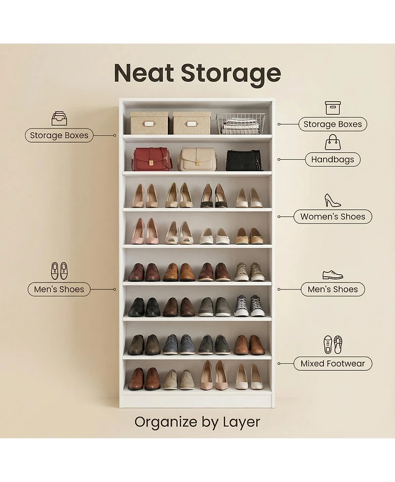 Rainsken 9 Tier Tall Shoe Cabinet, Large Wood Shoe Storage Organizer with Adjustable Shelves and Open Storage for Entryway, Hallway, Living Room
