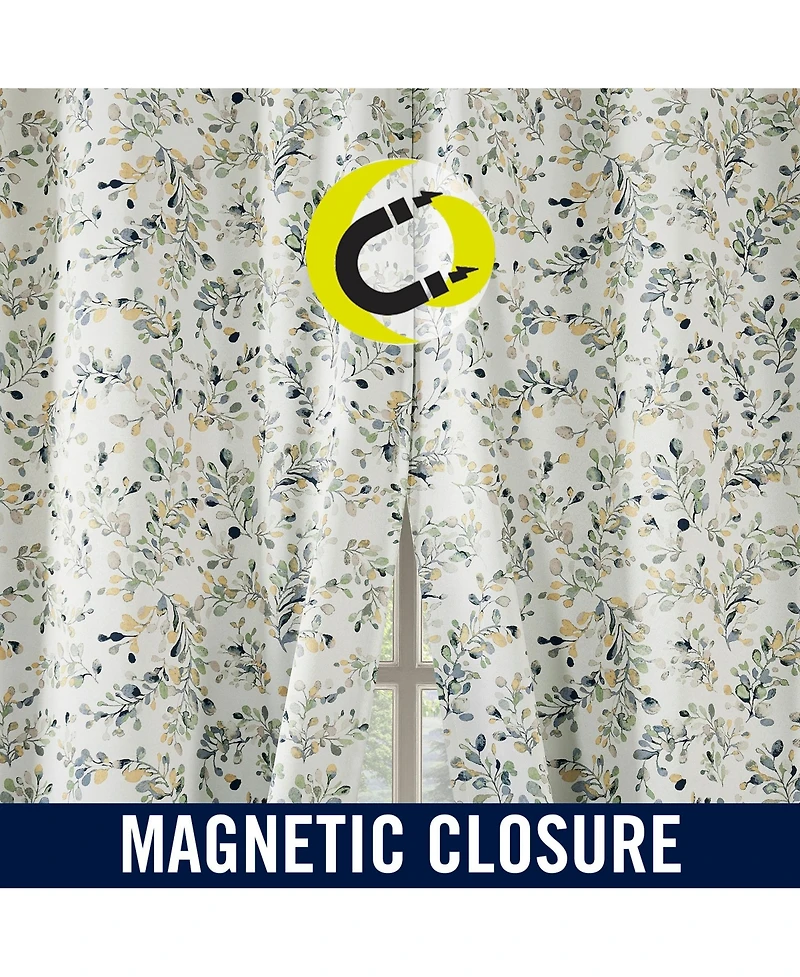 Sun Zero Maureen Painted Botanical Magnetic Closure Blackout Grommet Curtain Panel Pair