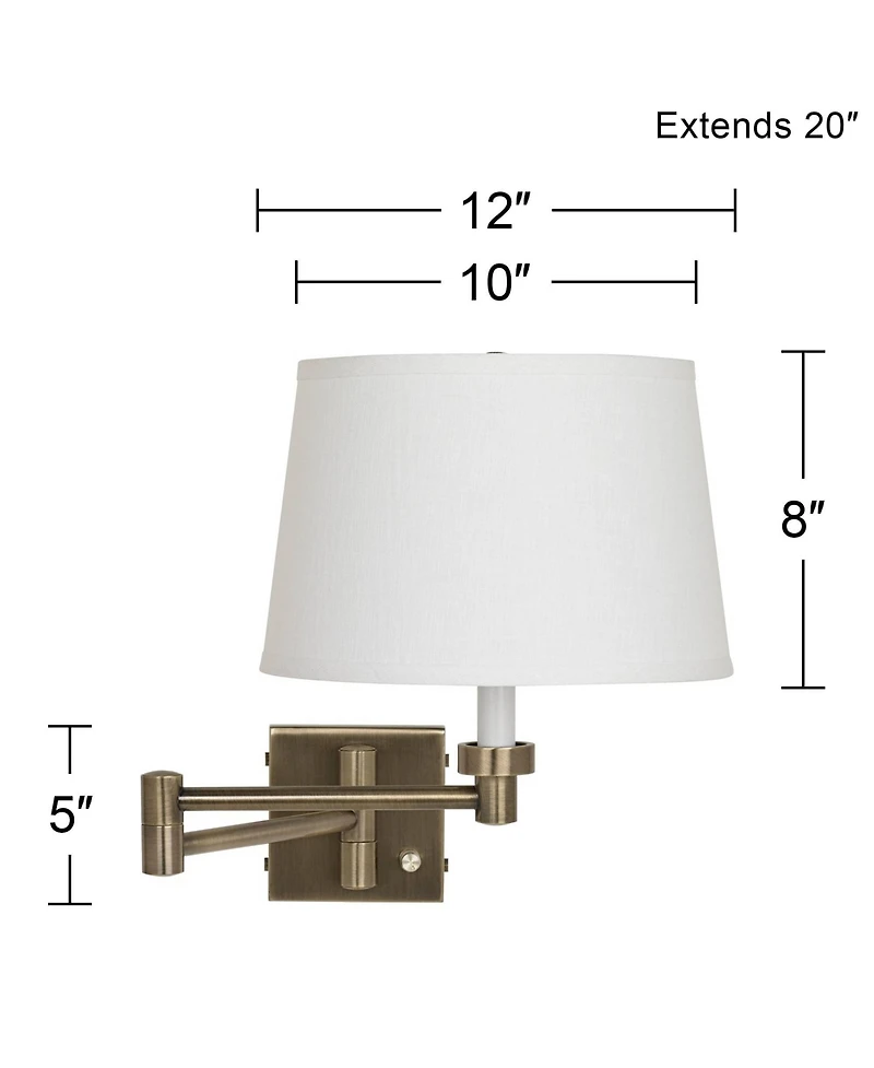 Barnes and Ivy Modern Swing Arm Wall Lamp with Cord Cover Antique Brass Plug-In Light Fixture White Linen Drum Shade for Bedroom