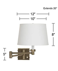 Barnes and Ivy Modern Swing Arm Wall Lamp with Cord Cover Antique Brass Plug-In Light Fixture White Linen Drum Shade for Bedroom
