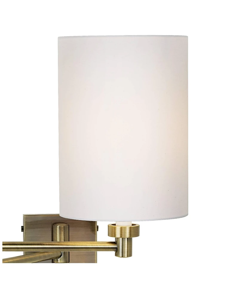 Barnes and Ivy Modern Swing Arm Wall Lamp with Cord Cover Antique Brass Plug-In Light Fixture White Cotton Cylinder Shade Bedroom