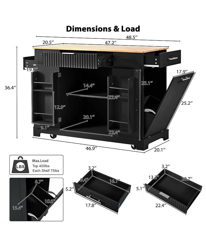 Streamdale Furniture Rolling Kitchen Island Trash, Power