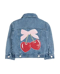 Sweet Wink Little Girls Cherry Sequin Patch Denim Jacket
