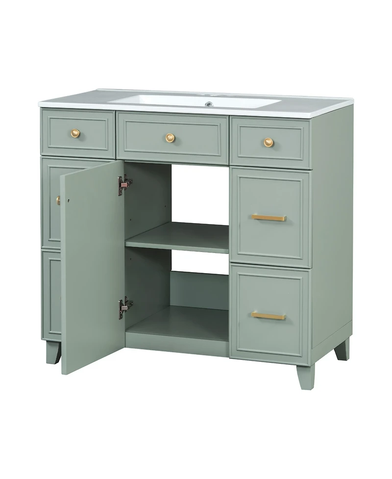 Casainc 36" Bathroom Vanity with Ceramic Sink, Green, Solid Wood Frame, Soft Close Doors, Adjustable Shelves