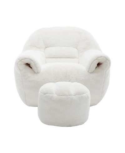 Clihome Comfy Bean Bag Sofa with Back Support and Footstool, Faux Fur Bean Bag Chair, Stuffed Floor Sofa