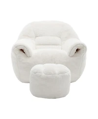 Clihome Comfy Bean Bag Sofa with Back Support and Footstool, Faux Fur Bean Bag Chair, Stuffed Floor Sofa
