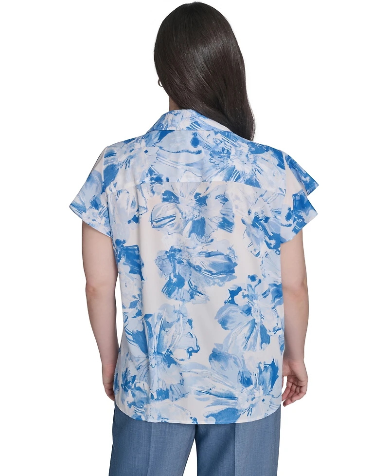 Calvin Klein Plus Cap-Sleeve Ruffle-Front Collared Top