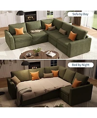gaomon Corduroy U Shaped Sectional Sleeper Sofa with Pull Out Bed, Storage Seat & Ottoman