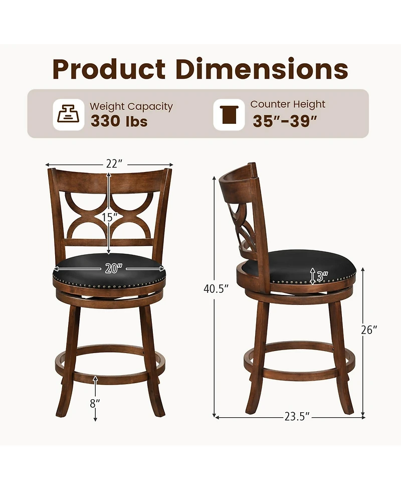 Gymax 26'' Counter Height Bar Stools Set of w/Rubber Wood Frame Upholstered Seat