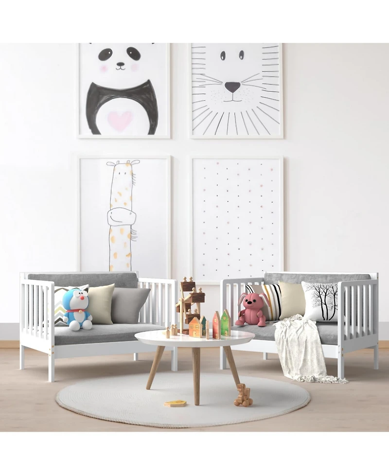 Sugift 2 in 1 Convertible Kids Wooden Bed Furniture with Guardrails