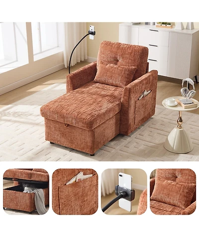 Rainsken Leisure Chenille Single Recliner Chair, Lazy Lounge Sofa with Storage, Side Pockets and Phone Holder for Living Room