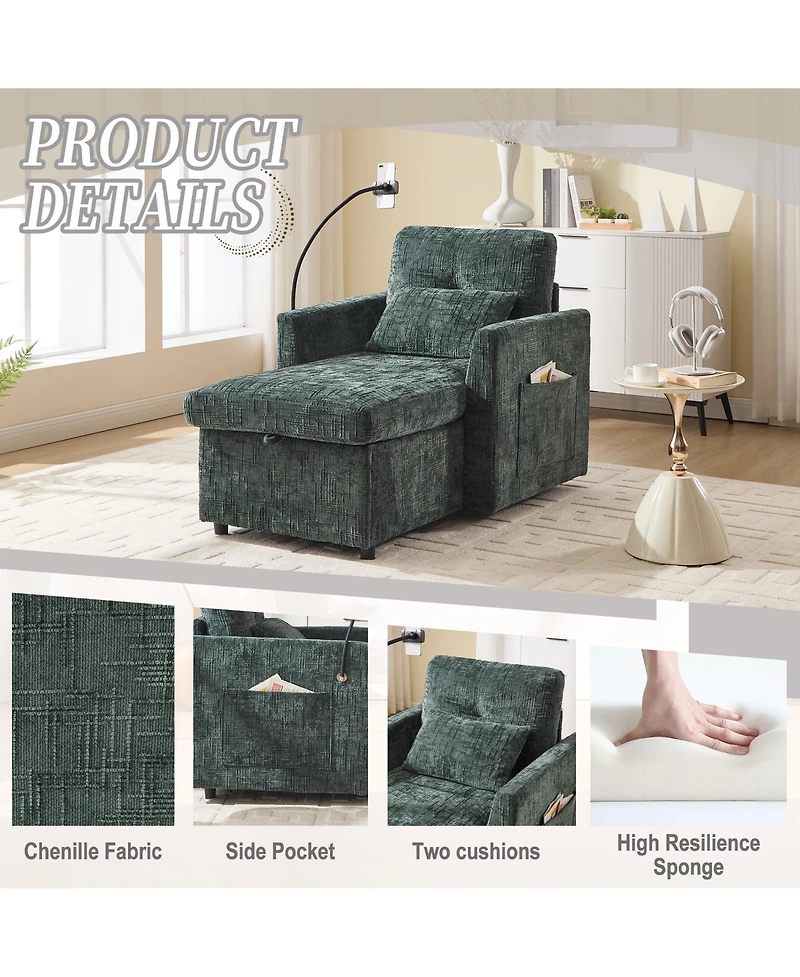 Rainsken Cozy Lazy Sofa Recliner Chair, Soft Chenille Upholstered Single Lounge with Storage, Side Pockets and Phone Holder for Living Room