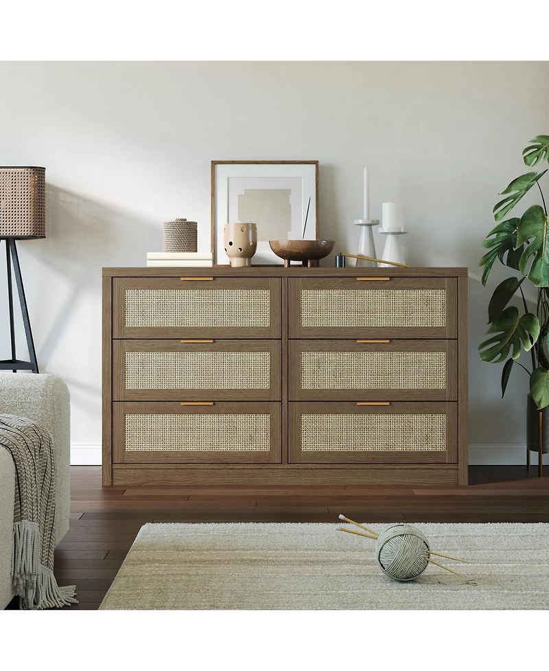 gaomon 53" Rattan Dresser - 6-Drawer Wooden Chest with Handles, Modern Storage Organizer with Smooth-Glide Drawers