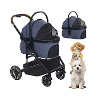 Kinder King 3-in-1 Folding Pet Stroller with Detachable Carrier for Small to Medium Dog and Cat up 50 lbs, Storage Basket, Blue