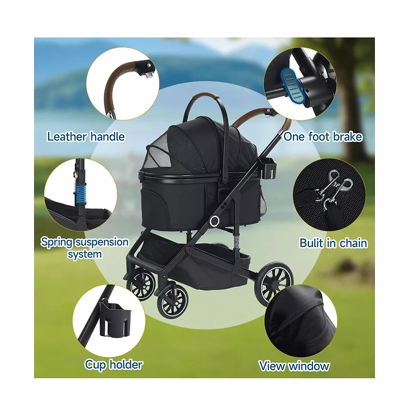 Kinder King 3-in-1 Folding Pet Stroller with Detachable Carrier for Small to Medium Dog and Cat up 50 lbs, Storage Basket, Blue