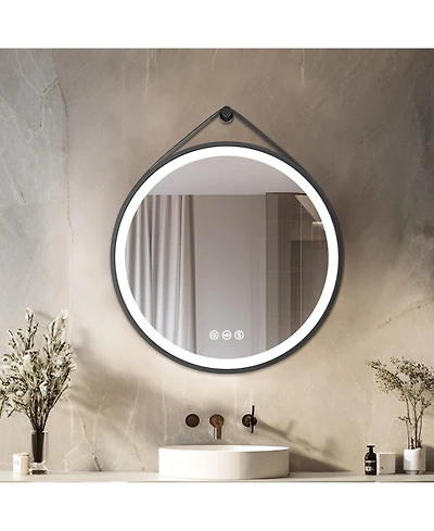 Luvodi 32" Circle Hanging Vanity Mirror for Wall with Leather Strap 3 Colors Dimmable for Bedroom Entryway
