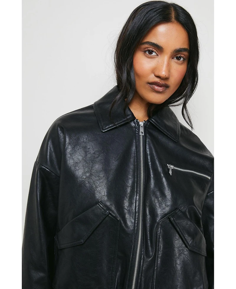Warehouse Women's Faux Leather Distressed Bomber Jacket