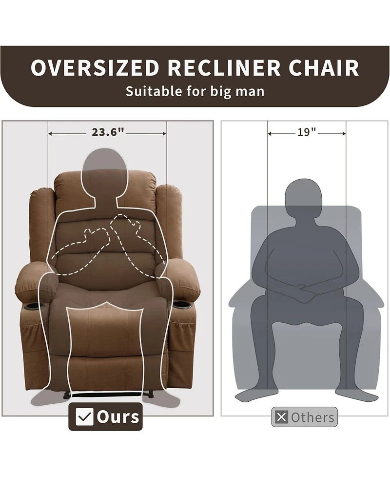 gaomon Wide Rocker Recliner Chair for Adults, Manual Oversized Chairs w/Armrest, Backrest, 2 Cup Holders, Side Pocket