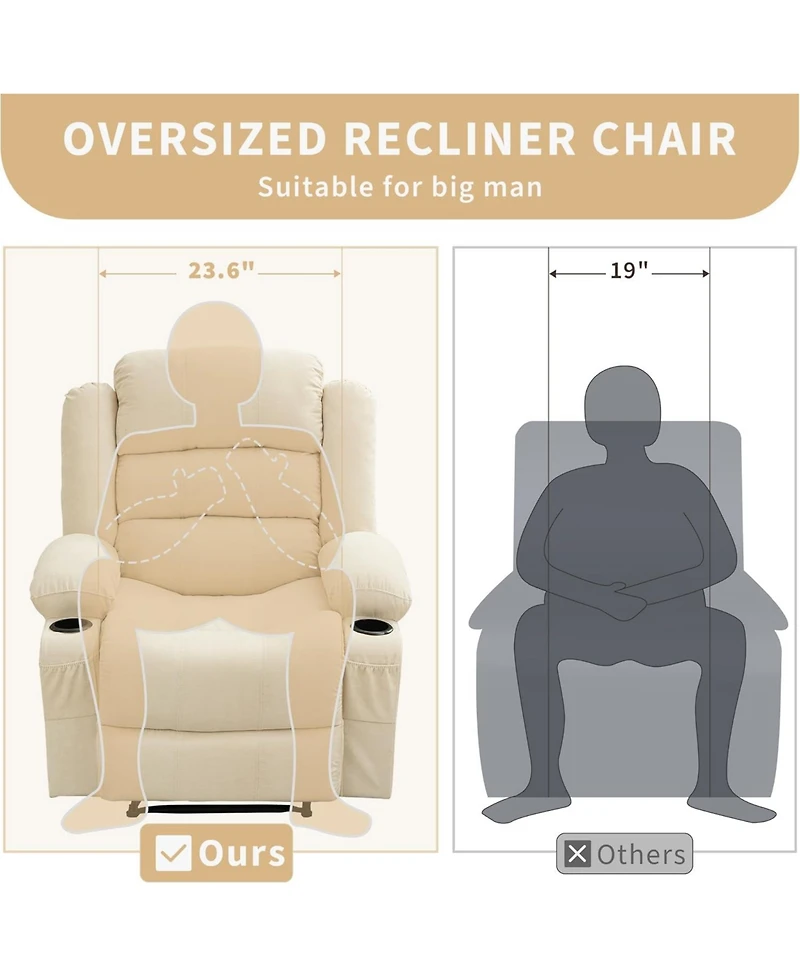 gaomon Wide Rocker Recliner Chair for Adults, Manual Oversized Chairs w/Armrest, Backrest, 2 Cup Holders, Side Pocket