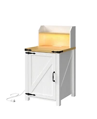 sumyeg Nightstand with Charging Station, 18" Farmhouse End Table with Barn Door and Adjustable Shelf